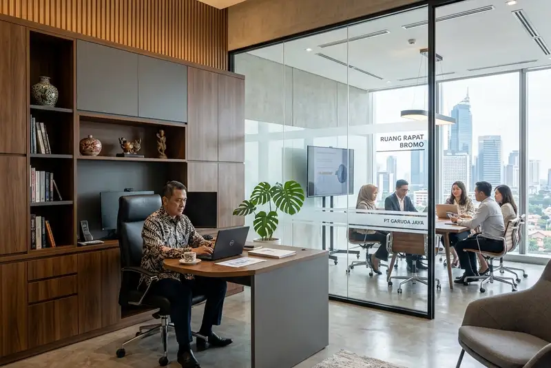 Jasa Kontraktor Lemari Kantor Eksekutif: Panduan Desain, Ergonomi, dan Sekat Ruang Rapat